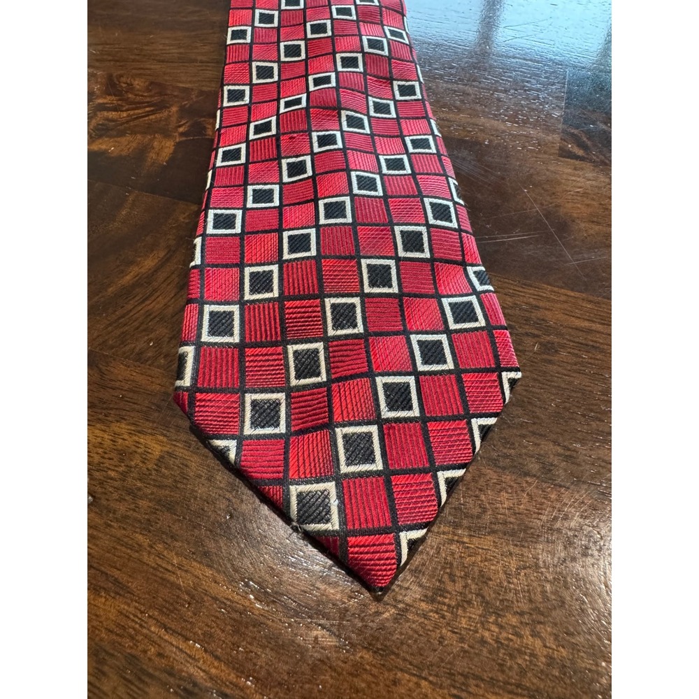 Fratelli Moda Mens Silk Tie Red Black White Geometric Grid Made in Italy